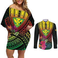 Hawaii Kanaka Maoli Flag Day Couples Matching Off Shoulder Short Dress and Long Sleeve Button Shirt Tropical Flowers LT01 Black - Polynesian Pride