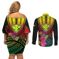 Hawaii Kanaka Maoli Flag Day Couples Matching Off Shoulder Short Dress and Long Sleeve Button Shirt Tropical Flowers