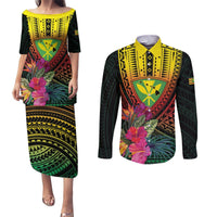 Hawaii Kanaka Maoli Flag Day Couples Matching Puletasi and Long Sleeve Button Shirt Tropical Flowers LT01 Black - Polynesian Pride