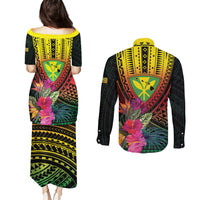 Hawaii Kanaka Maoli Flag Day Couples Matching Puletasi and Long Sleeve Button Shirt Tropical Flowers LT01 - Polynesian Pride