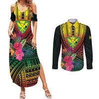 Hawaii Kanaka Maoli Flag Day Couples Matching Summer Maxi Dress and Long Sleeve Button Shirt Tropical Flowers LT01 Black - Polynesian Pride