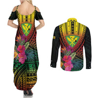 Hawaii Kanaka Maoli Flag Day Couples Matching Summer Maxi Dress and Long Sleeve Button Shirt Tropical Flowers LT01 - Polynesian Pride