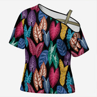 Hawaii Colorful Tropical Leaves Cross Shoulder Shirt LT01 Female Black - Polynesian Pride