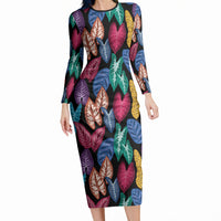 Hawaii Colorful Tropical Leaves Long Sleeve Bodycon Dress LT01 Long Dress Black - Polynesian Pride