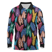 Hawaii Colorful Tropical Leaves Long Sleeve Polo Shirt LT01 Black - Polynesian Pride