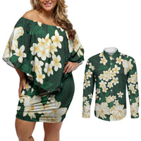 Hawaii Hibiscus Plumeria Green Couples Matching Off Shoulder Short Dress and Long Sleeve Button Shirt Polynesian Pattern LT01 Green - Polynesian Pride