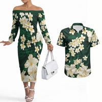 Hawaii Hibiscus Plumeria Green Couples Matching Off The Shoulder Long Sleeve Dress and Hawaiian Shirt Polynesian Pattern LT01 Green - Polynesian Pride