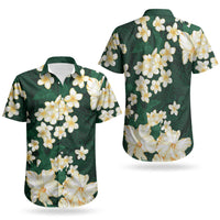 Hawaii Hibiscus Plumeria Green Couples Matching Off The Shoulder Long Sleeve Dress and Hawaiian Shirt Polynesian Pattern LT01 - Polynesian Pride
