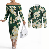 Hawaii Hibiscus Plumeria Green Couples Matching Off The Shoulder Long Sleeve Dress and Long Sleeve Button Shirt Polynesian Pattern LT01 Green - Polynesian Pride