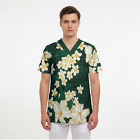 Hawaii Hibiscus Plumeria Green Scrub Top Polynesian Pattern