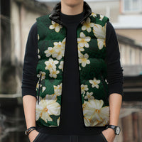 Hawaii Hibiscus Plumeria Green Sleeveless Puffer Jacket Polynesian Pattern