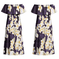 Hawaii Hibiscus Plumeria Purple Couples Matching Off Shoulder Maxi Dress and Long Sleeve Button Shirt Polynesian Pattern