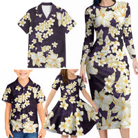 Hawaii Hibiscus Plumeria Purple Family Matching Long Sleeve Bodycon Dress and Hawaiian Shirt Polynesian Pattern