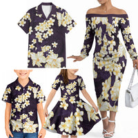 Hawaii Hibiscus Plumeria Purple Family Matching Off The Shoulder Long Sleeve Dress and Hawaiian Shirt Polynesian Pattern