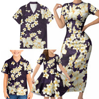 Hawaii Hibiscus Plumeria Purple Family Matching Short Sleeve Bodycon Dress and Hawaiian Shirt Polynesian Pattern