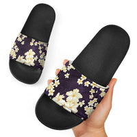 Hawaii Hibiscus Plumeria Purple Slide Sandals Polynesian Pattern