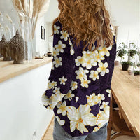 Hawaii Hibiscus Plumeria Purple Women Casual Shirt Polynesian Pattern