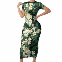 Hawaii Plumeria Tropical Leaves Short Sleeve Bodycon Dress Monstera Calathea Palm Fronds