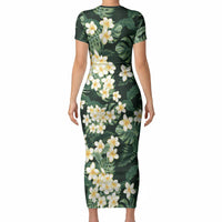Hawaii Plumeria Tropical Leaves Short Sleeve Bodycon Dress Monstera Calathea Palm Fronds