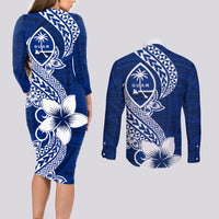 Hafa Adai Guam Couples Matching Long Sleeve Bodycon Dress and Long Sleeve Button Shirt Polynesian Floral Blue Pattern LT01 - Polynesian Pride
