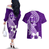 Hafa Adai Guam Couples Matching Off The Shoulder Long Sleeve Dress and Hawaiian Shirt Polynesian Floral Purple Pattern LT01 - Polynesian Pride