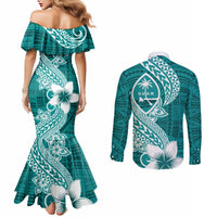 Hafa Adai Guam Couples Matching Mermaid Dress and Long Sleeve Button Shirt Polynesian Floral Teal Pattern LT01 - Polynesian Pride