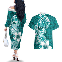 Hafa Adai Guam Couples Matching Off The Shoulder Long Sleeve Dress and Hawaiian Shirt Polynesian Floral Teal Pattern LT01 - Polynesian Pride