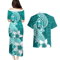 Hafa Adai Guam Couples Matching Puletasi Dress and Hawaiian Shirt Polynesian Floral Teal Pattern LT01 - Polynesian Pride