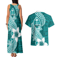 Hafa Adai Guam Couples Matching Tank Maxi Dress and Hawaiian Shirt Polynesian Floral Teal Pattern LT01 - Polynesian Pride