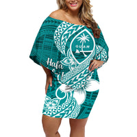 Hafa Adai Guam Family Matching Off Shoulder Short Dress and Hawaiian Shirt Polynesian Floral Teal Pattern LT01 Mom's Dress Teal - Polynesian Pride
