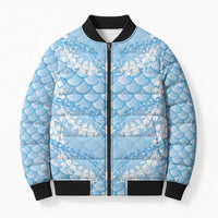 Baby Blue Mermaid Puakenikeni Maile Lei Bomber Puffer Jacket