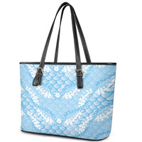 Baby Blue Mermaid Puakenikeni Maile Lei Leather Tote Bag