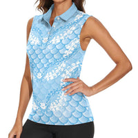 Baby Blue Mermaid Puakenikeni Maile Lei Women Sleeveless Polo Shirt LT01 - Polynesian Pride