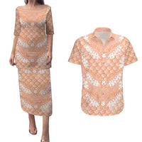 Apricot Mermaid Puakenikeni Maile Lei Couples Matching Puletasi and Hawaiian Shirt