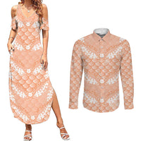 Apricot Mermaid Puakenikeni Maile Lei Couples Matching Summer Maxi Dress and Long Sleeve Button Shirt