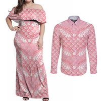 Soft Pink Mermaid Puakenikeni Maile Lei Couples Matching Off Shoulder Maxi Dress and Long Sleeve Button Shirt