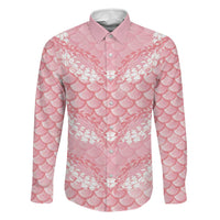 Soft Pink Mermaid Puakenikeni Maile Lei Family Matching Off Shoulder Maxi Dress and Hawaiian Shirt LT01 Dad's Shirt - Long Sleeve Pink - Polynesian Pride