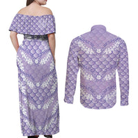 Lilac Mermaid Puakenikeni Maile Lei Couples Matching Off Shoulder Maxi Dress and Long Sleeve Button Shirt