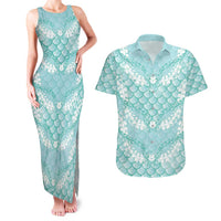 Light Turquoise Mermaid Puakenikeni Maile Lei Couples Matching Tank Maxi Dress and Hawaiian Shirt LT01 Turquoise - Polynesian Pride