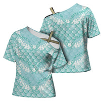 Light Turquoise Mermaid Puakenikeni Maile Lei Cross Shoulder Shirt LT01 - Polynesian Pride