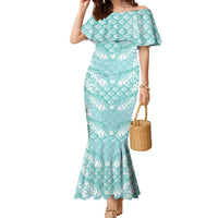 Light Turquoise Mermaid Puakenikeni Maile Lei Family Matching Mermaid Dress and Hawaiian Shirt LT01 Mom's Dress Turquoise - Polynesian Pride