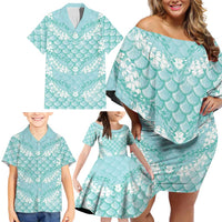 Light Turquoise Mermaid Puakenikeni Maile Lei Family Matching Off Shoulder Short Dress and Hawaiian Shirt LT01 - Polynesian Pride