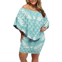 Light Turquoise Mermaid Puakenikeni Maile Lei Family Matching Off Shoulder Short Dress and Hawaiian Shirt LT01 Mom's Dress Turquoise - Polynesian Pride