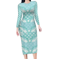 Light Turquoise Mermaid Puakenikeni Maile Lei Long Sleeve Bodycon Dress LT01 Long Dress Turquoise - Polynesian Pride