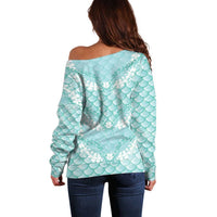 Light Turquoise Mermaid Puakenikeni Maile Lei Off Shoulder Sweater