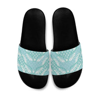Light Turquoise Mermaid Puakenikeni Maile Lei Slide Sandals