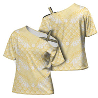 Pastel Yellow Mermaid Puakenikeni Maile Lei Cross Shoulder Shirt