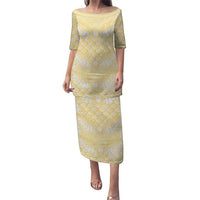 Pastel Yellow Mermaid Puakenikeni Maile Lei Family Matching Puletasi and Hawaiian Shirt LT01 Mom's Dress Yellow - Polynesian Pride