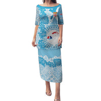 Personalised Fiji Day Family Matching Puletasi and Hawaiian Shirt Fijian Map Hibiscus Tapa Pattern LT01 Mom's Dress Blue - Polynesian Pride
