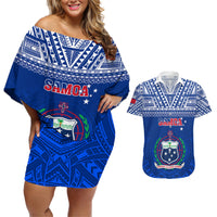 Custom Samoa Rugby Couples Matching Off Shoulder Short Dress and Hawaiian Shirt Manu Samoa Polynesian Tatoo Pattern LT01 Blue - Polynesian Pride